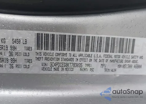 2019 Dodge Journey Gt z USA, uszkodzony, nr VIN 3C4PDCEG8KT783035